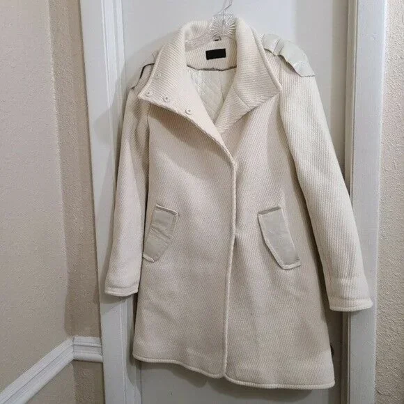 RUDSAK Ivory Designer Wool Leather Button Up Long Trench Coat Size XS - Picture 4 of 12